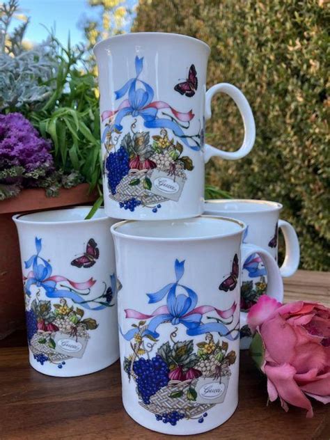 Vintage GUCCI Fine Bone China Mugs Butterfly Fruit Basket And 